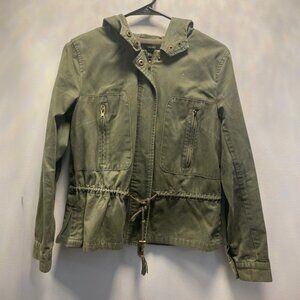 Forever 21 Olive Green Hooded Utility Jacket With Drawstring Waist & Zip Pockets